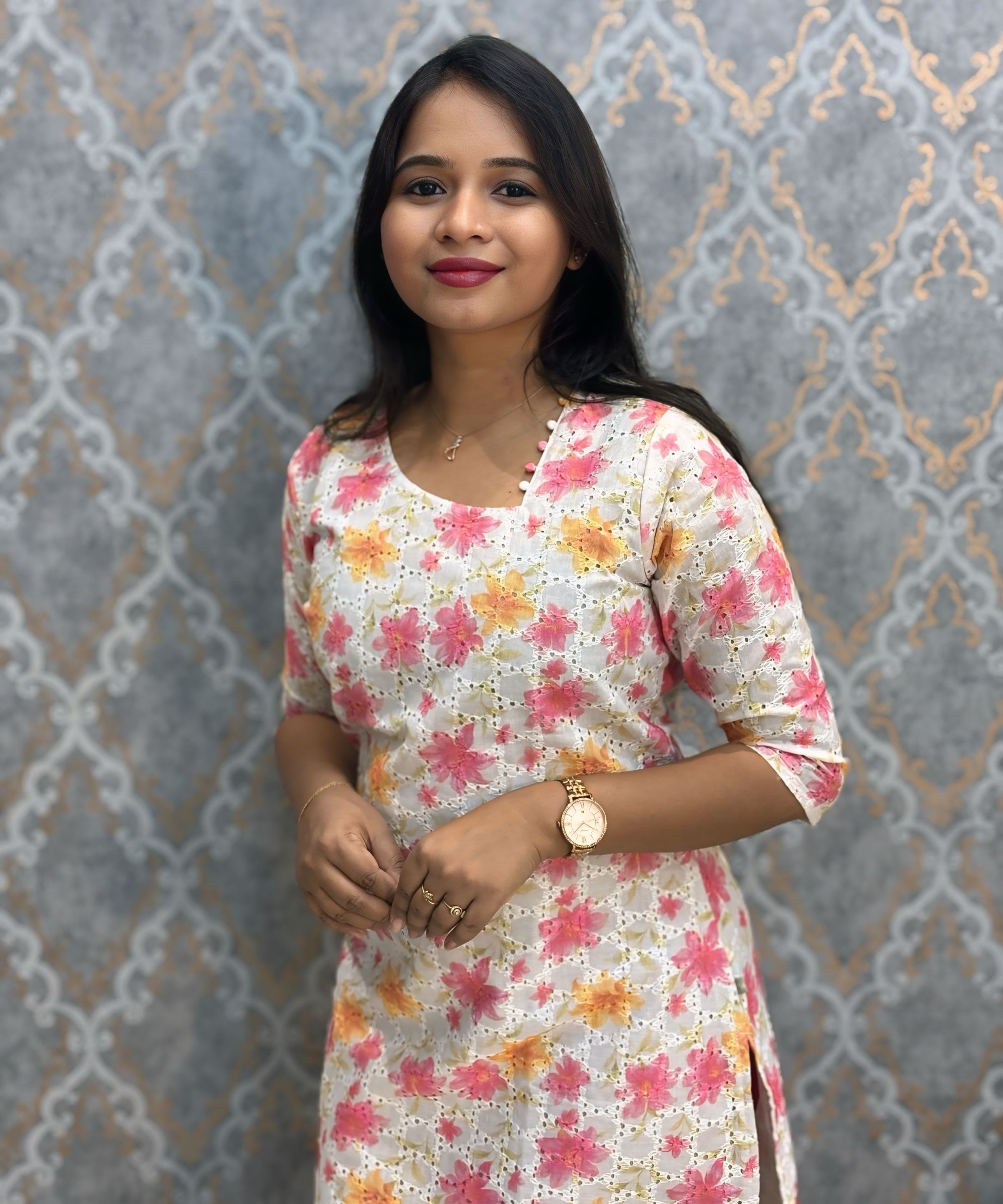 White, Pink and Yellow Color Floral Prints Premium Hakoba Straight Cut  Kurti with Cotton Lining / LSS204