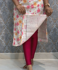 White, Pink and Yellow Color Floral Prints Premium Hakoba Straight Cut  Kurti with Cotton Lining / LSS204