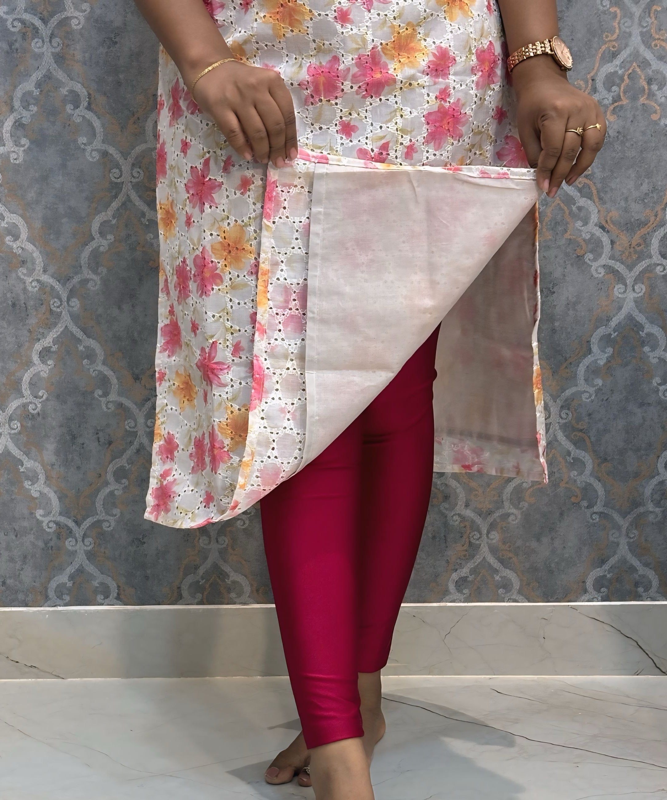 White, Pink and Yellow Color Floral Prints Premium Hakoba Straight Cut  Kurti with Cotton Lining / LSS204