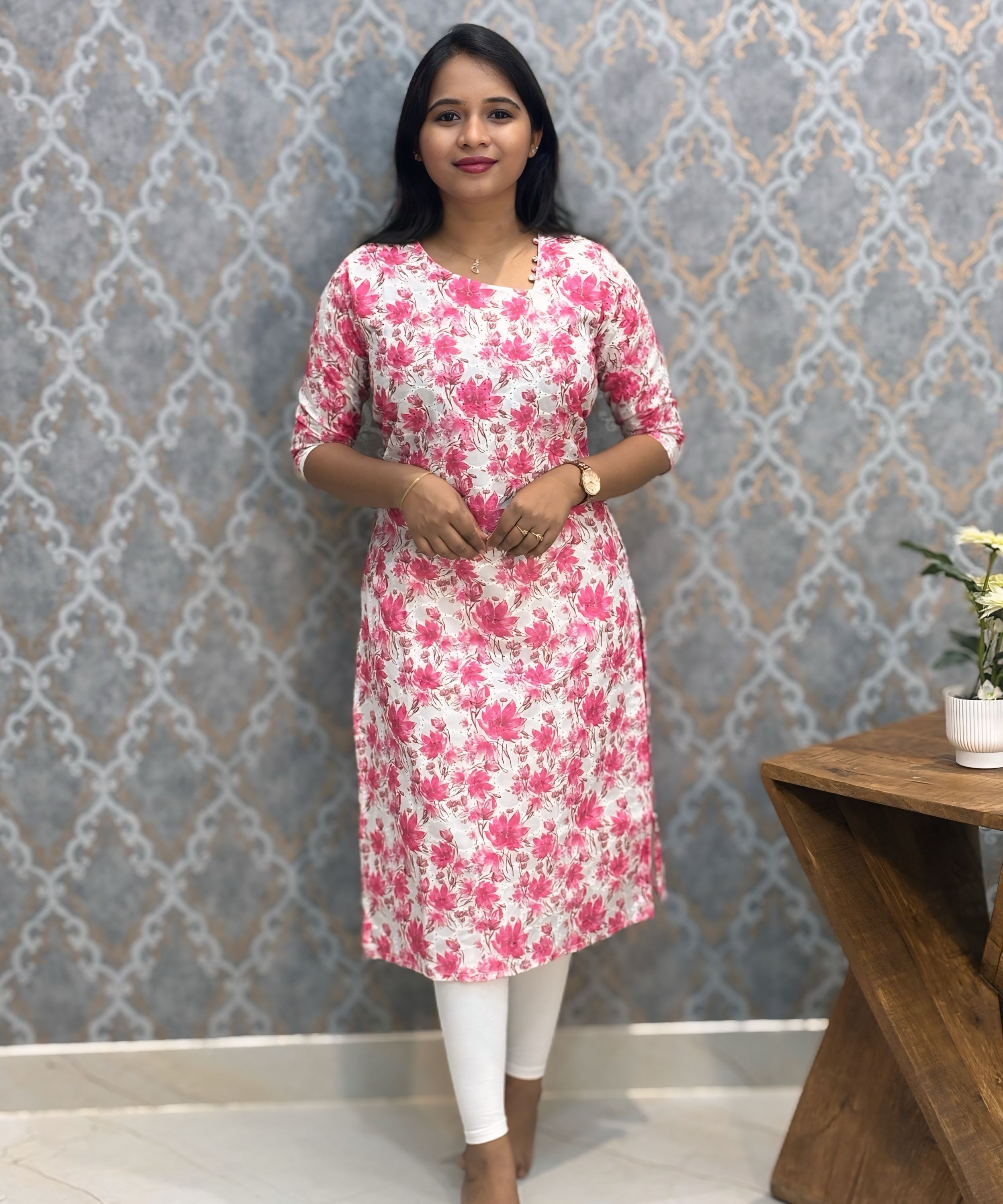 White and Pink Color Floral Prints Premium Hakoba Straight Cut  Kurti with Cotton Lining / LSS204