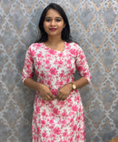 White and Pink Color Floral Prints Premium Hakoba Straight Cut  Kurti with Cotton Lining / LSS204