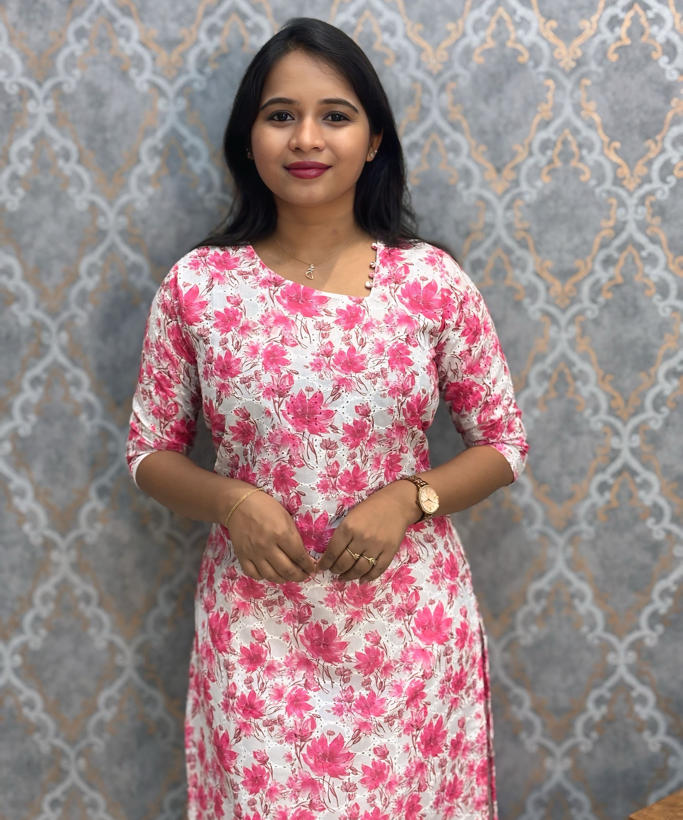 White and Pink Color Floral Prints Premium Hakoba Straight Cut  Kurti with Cotton Lining / LSS204