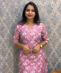 Purple Color Floral Prints Premium Hakoba Straight Cut  Kurti with Cotton Lining / LSS204