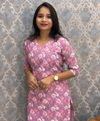 Purple Color Floral Prints Premium Hakoba Straight Cut  Kurti with Cotton Lining / LSS204