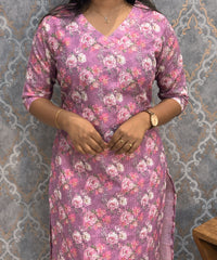 Purple Color Floral Prints Premium Hakoba Straight Cut  Kurti with Cotton Lining / LSS204
