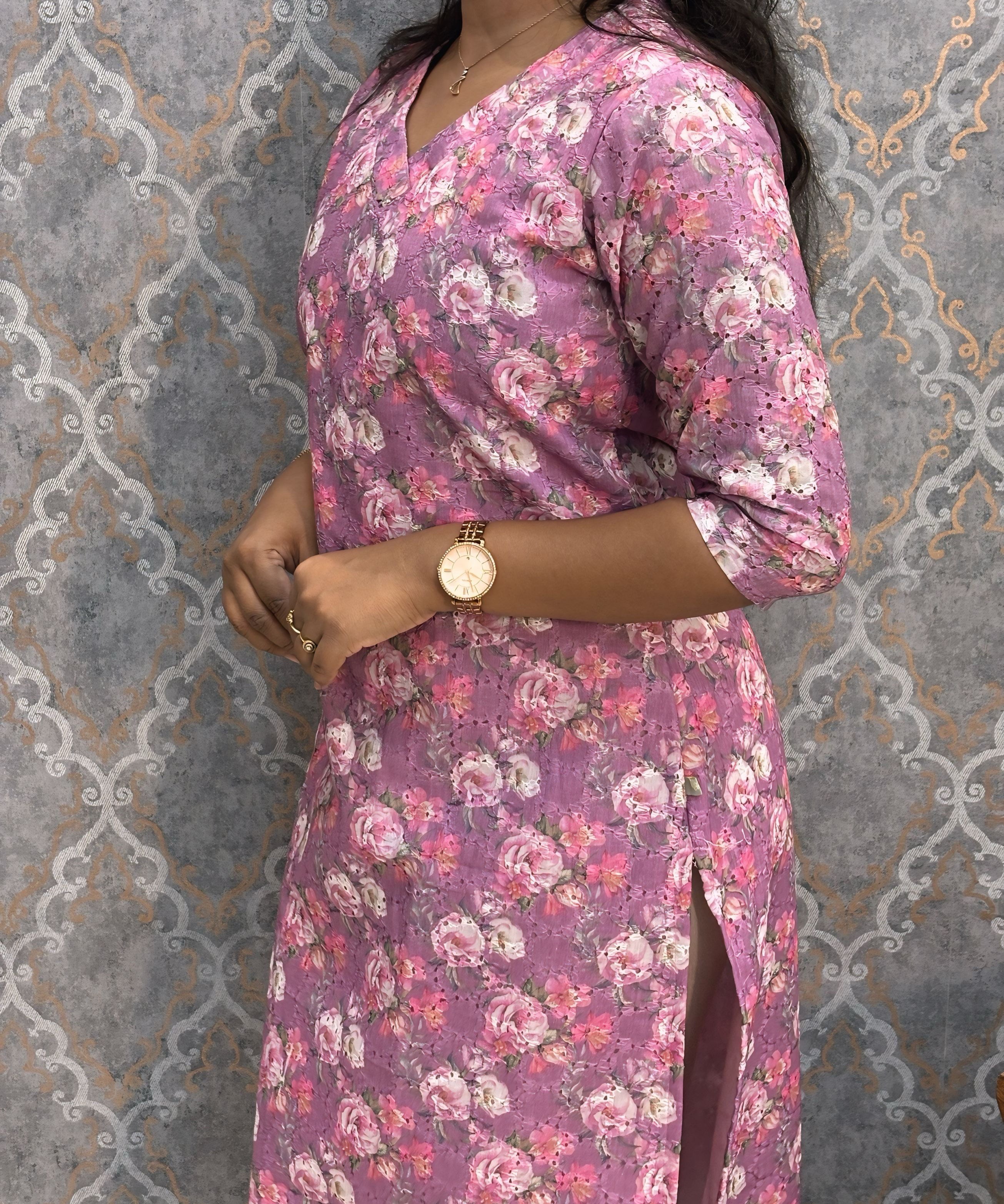 Purple Color Floral Prints Premium Hakoba Straight Cut  Kurti with Cotton Lining / LSS204