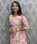 White and Lite Pink Color Floral Prints Premium Hakoba Straight Cut  V Neck Kurti with Cotton Lining / LSS204