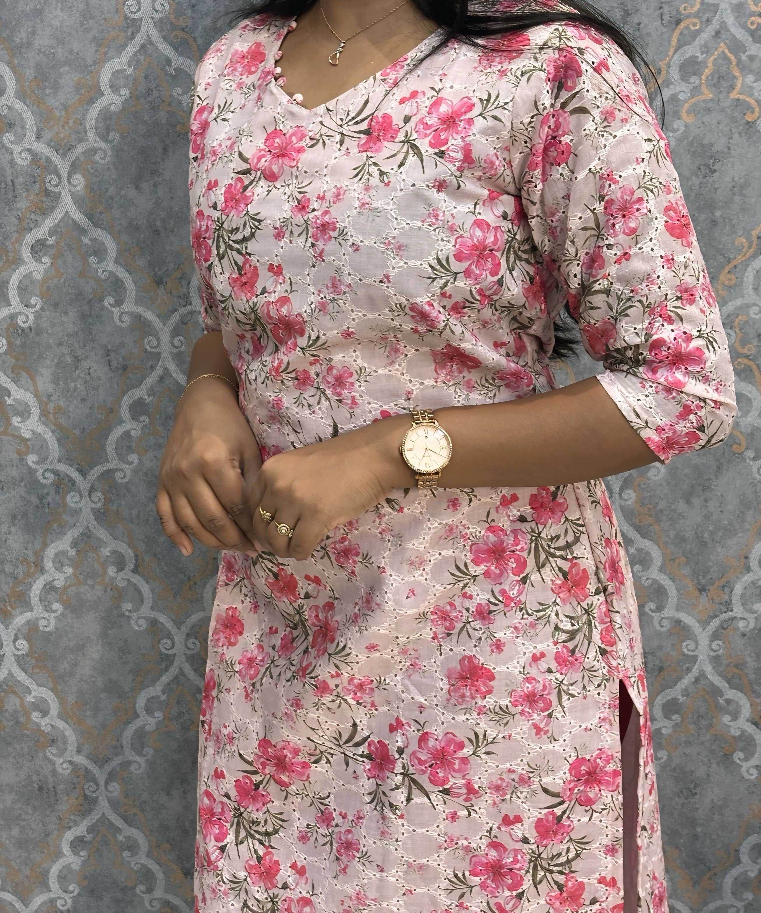 White and Lite Pink Color Floral Prints Premium Hakoba Straight Cut  V Neck Kurti with Cotton Lining / LSS204