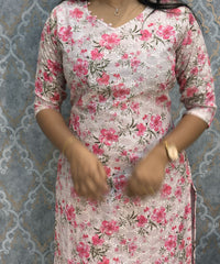 White and Lite Pink Color Floral Prints Premium Hakoba Straight Cut  V Neck Kurti with Cotton Lining / LSS204