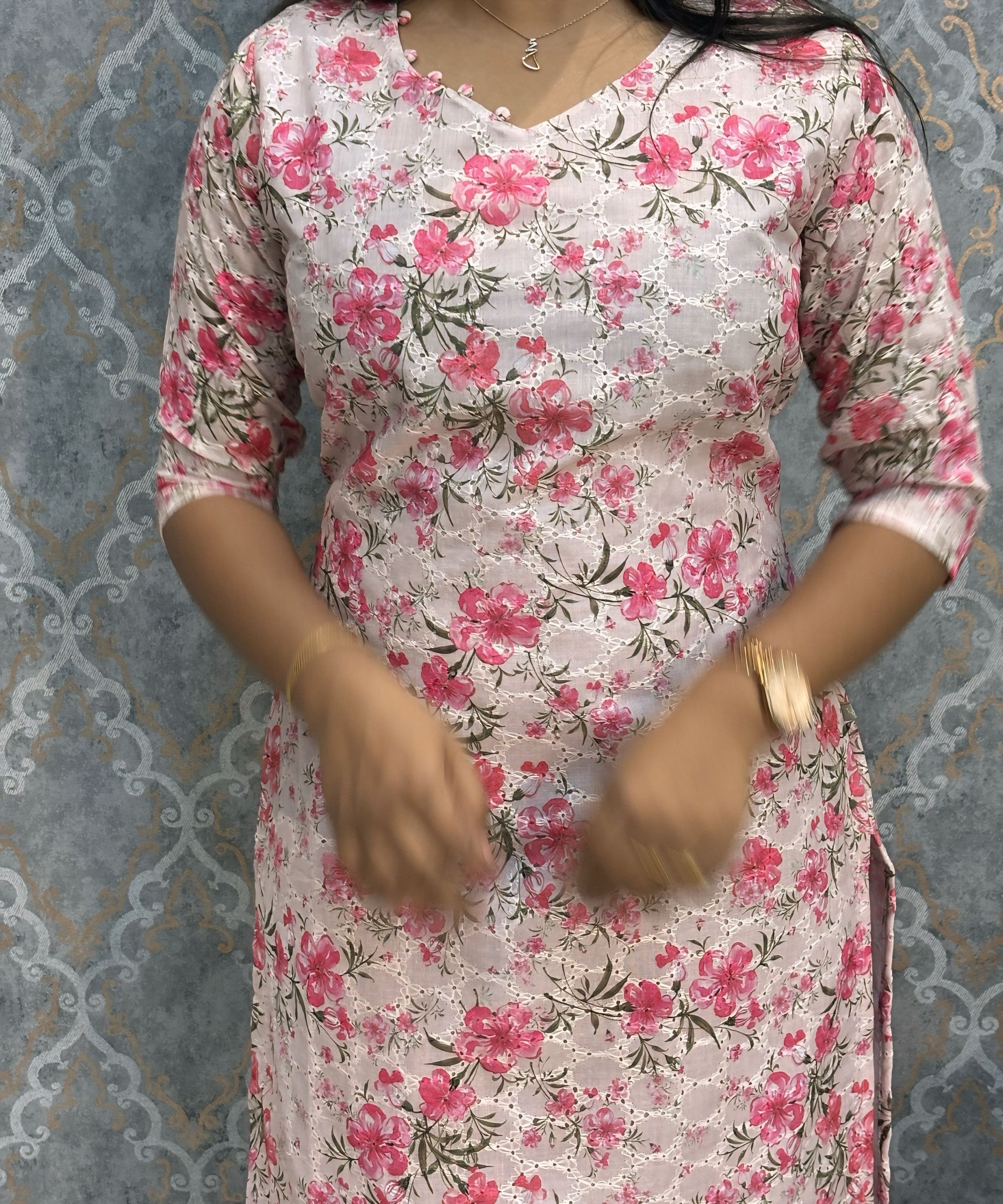 White and Lite Pink Color Floral Prints Premium Hakoba Straight Cut  V Neck Kurti with Cotton Lining / LSS204
