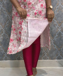 White and Lite Pink Color Floral Prints Premium Hakoba Straight Cut  V Neck Kurti with Cotton Lining / LSS204