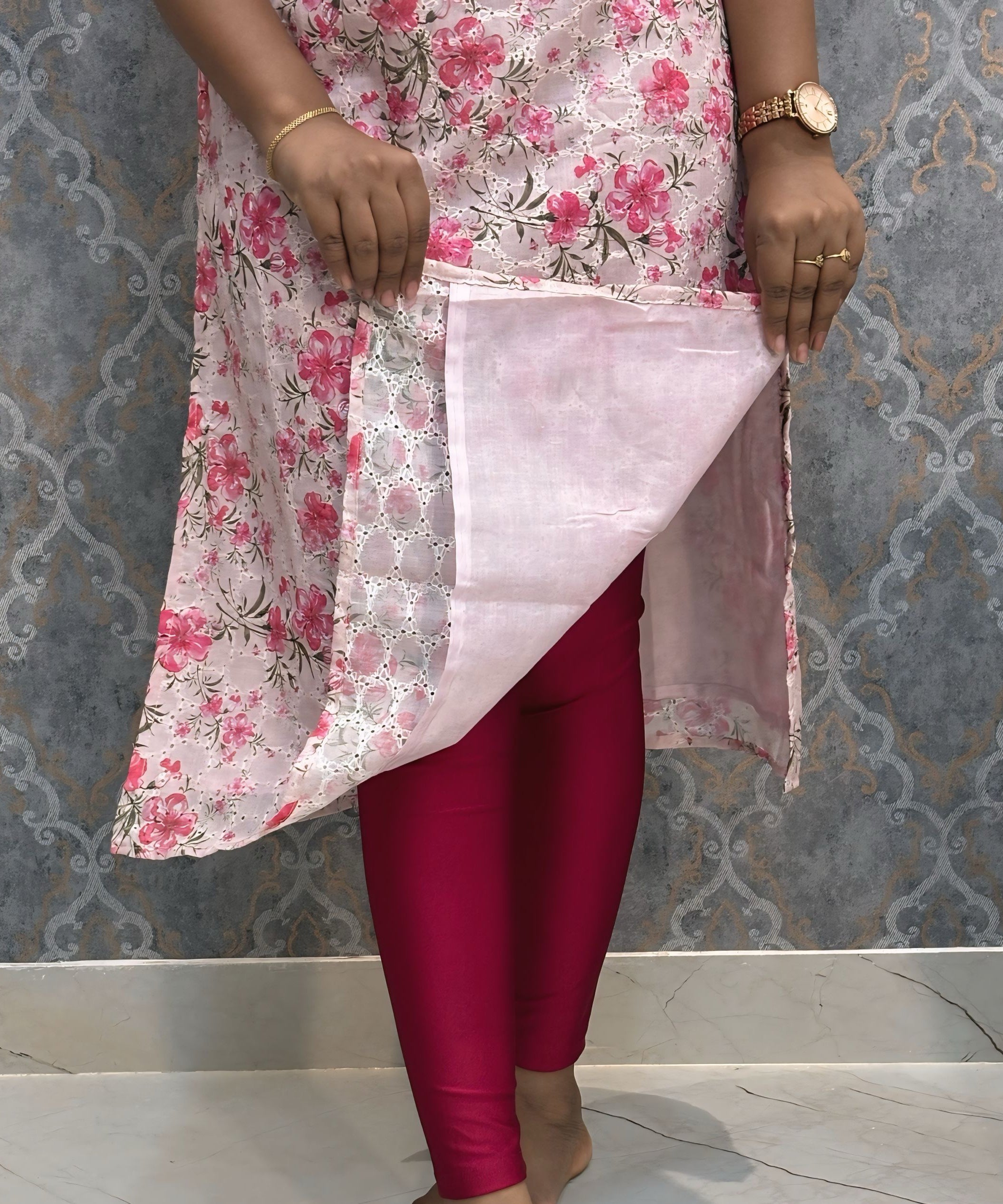 White and Lite Pink Color Floral Prints Premium Hakoba Straight Cut  V Neck Kurti with Cotton Lining / LSS204