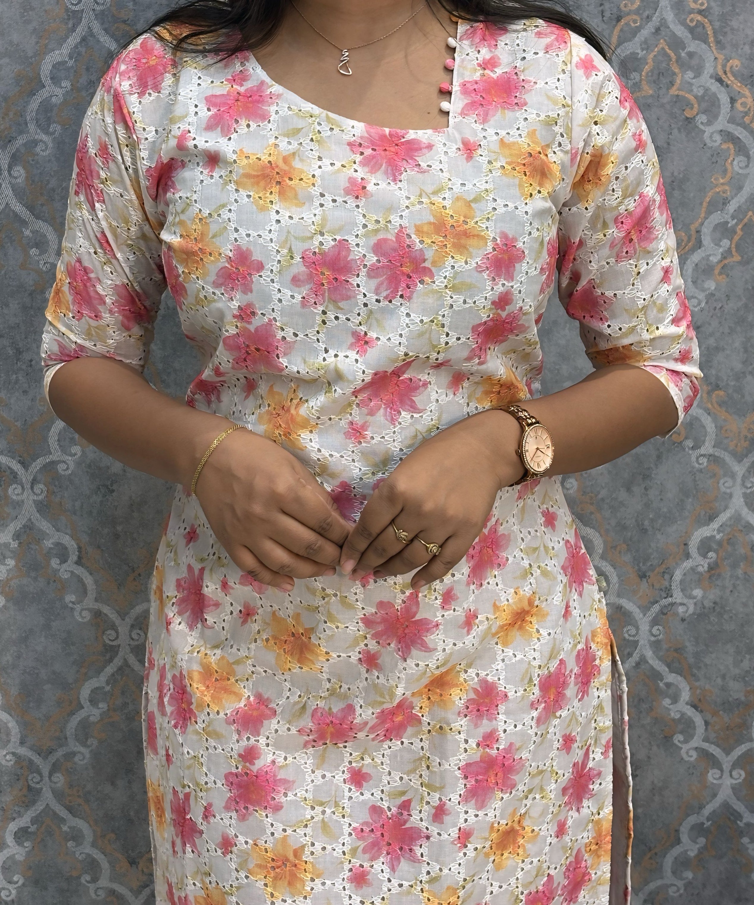 White, Pink and Yellow Color Floral Prints Premium Hakoba Straight Cut  Kurti with Cotton Lining / LSS204