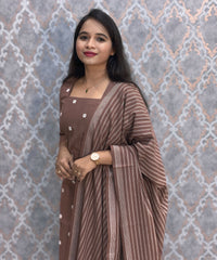 Brown Premium Handloom Cotton 3 Piece Salwar Set with Pocket / HL016