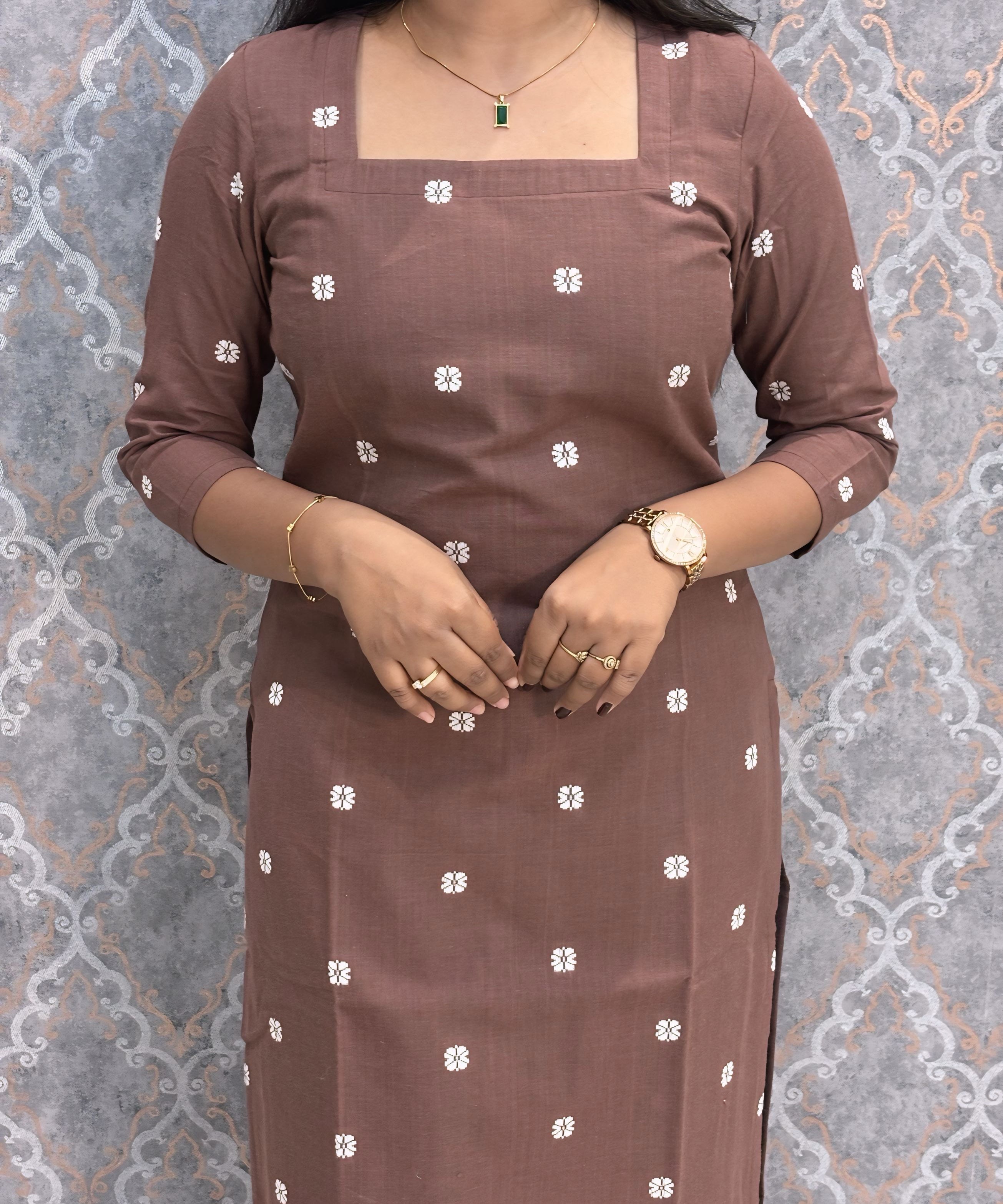 Brown Premium Handloom Cotton 3 Piece Salwar Set with Pocket / HL016