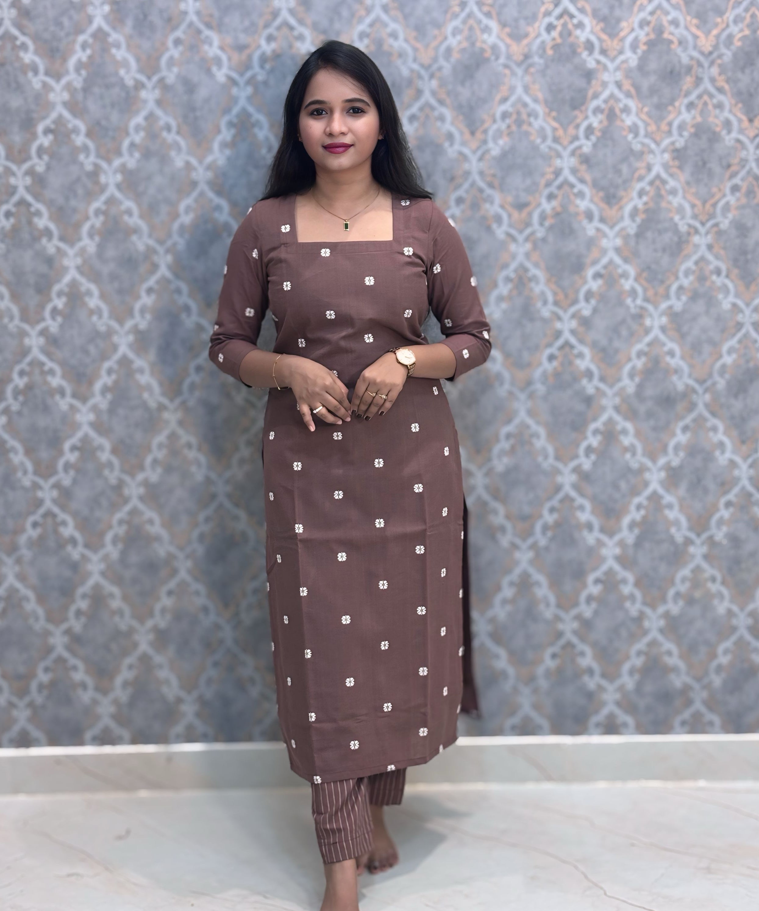 Brown Premium Handloom Cotton 3 Piece Salwar Set with Pocket / HL016