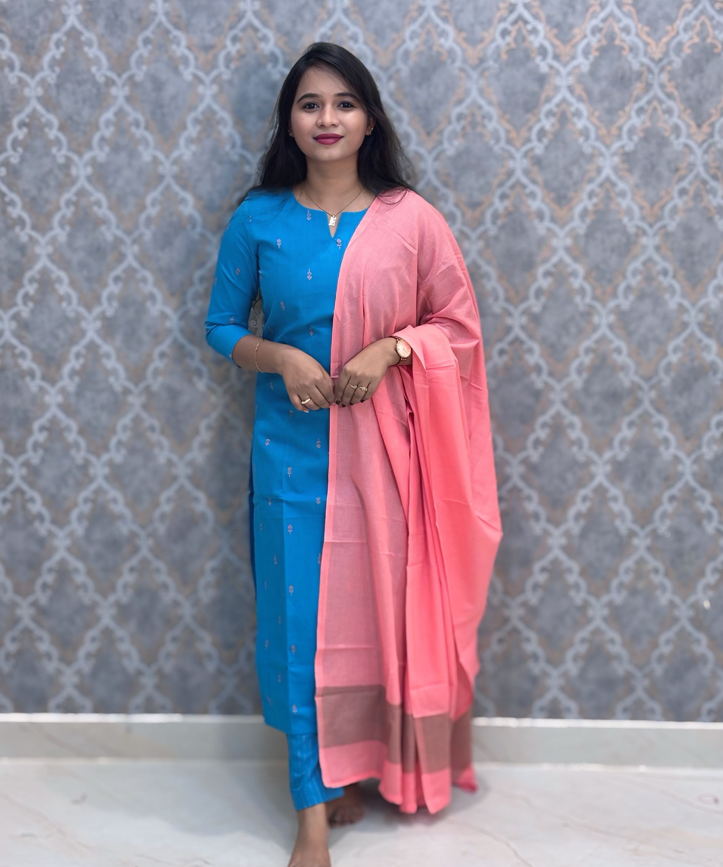 Blue and Peach Premium Handloom Cotton 3 Piece Salwar Set with Pocket / HL015