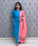 Blue and Peach Premium Handloom Cotton 3 Piece Salwar Set with Pocket / HL015