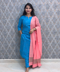 Blue and Peach Premium Handloom Cotton 3 Piece Salwar Set with Pocket / HL015