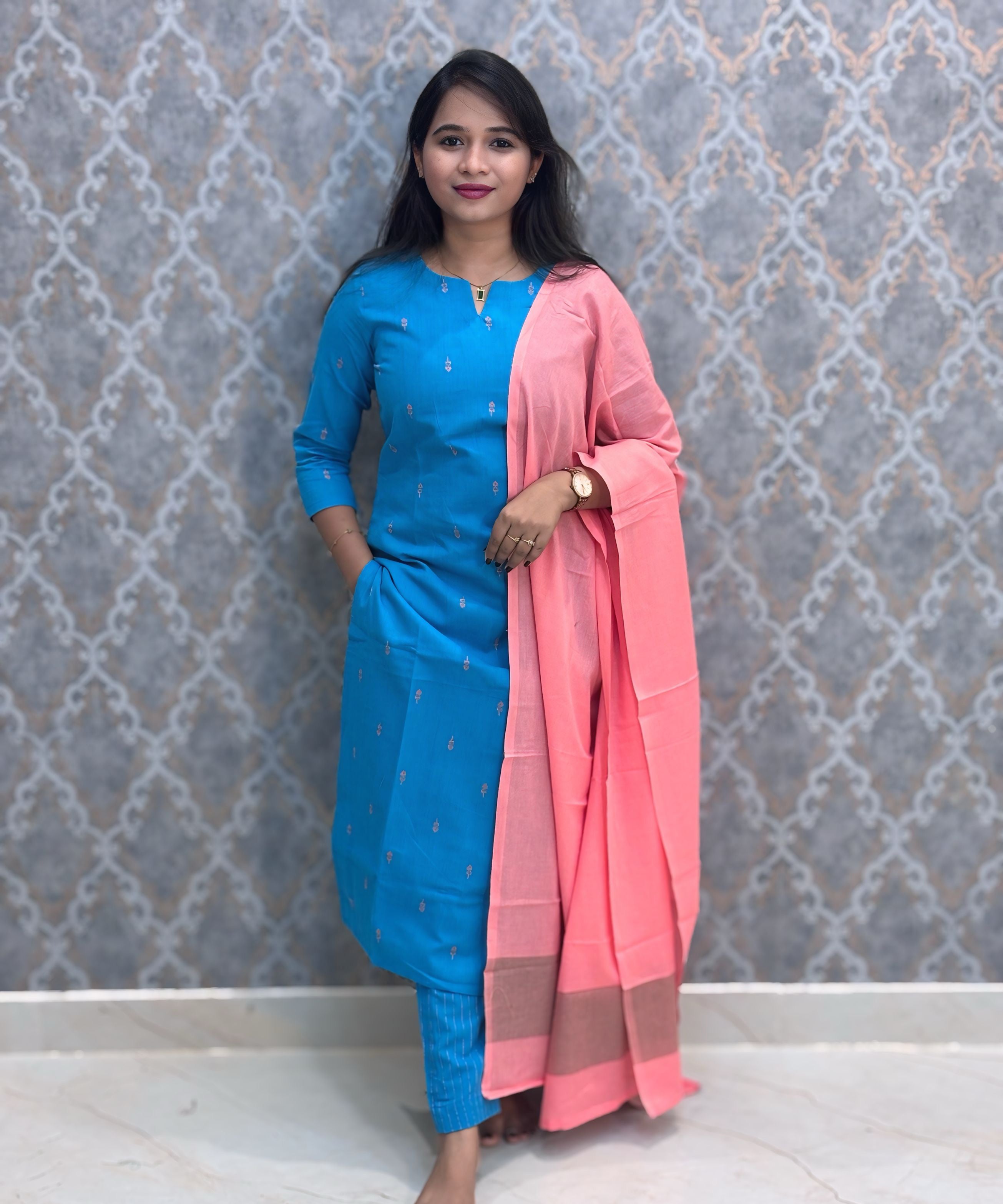 Blue and Peach Premium Handloom Cotton 3 Piece Salwar Set with Pocket / HL015