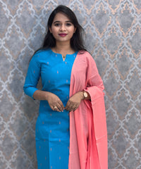 Blue and Peach Premium Handloom Cotton 3 Piece Salwar Set with Pocket / HL015