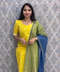 Lemon Yellow and Blue Premium Handloom Cotton 3 Piece Salwar Set with Pocket / HL014