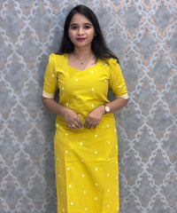 Lemon Yellow and Blue Premium Handloom Cotton 3 Piece Salwar Set with Pocket / HL014