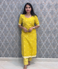 Lemon Yellow and Blue Premium Handloom Cotton 3 Piece Salwar Set with Pocket / HL014