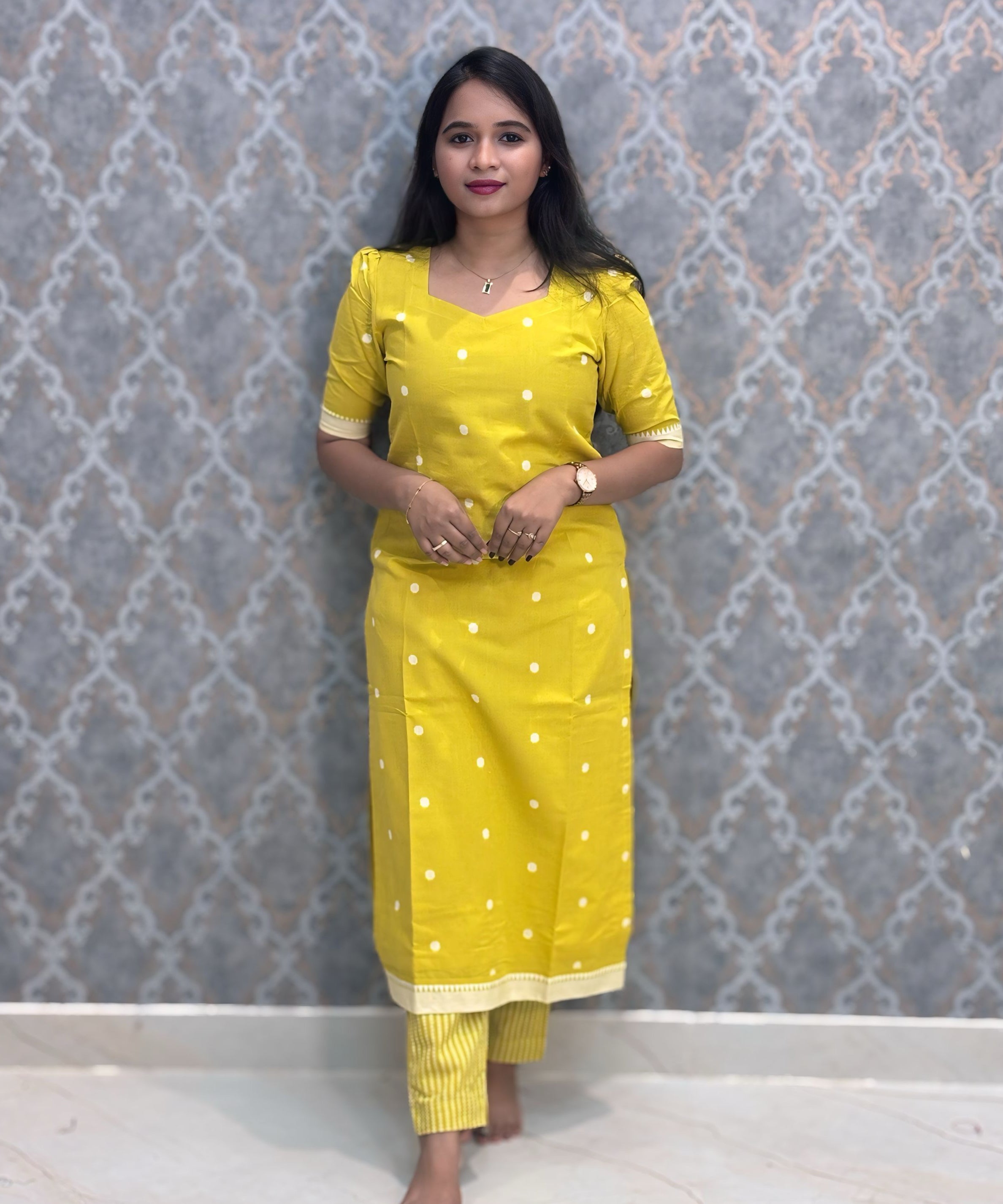 Lemon Yellow and Blue Premium Handloom Cotton 3 Piece Salwar Set with Pocket / HL014