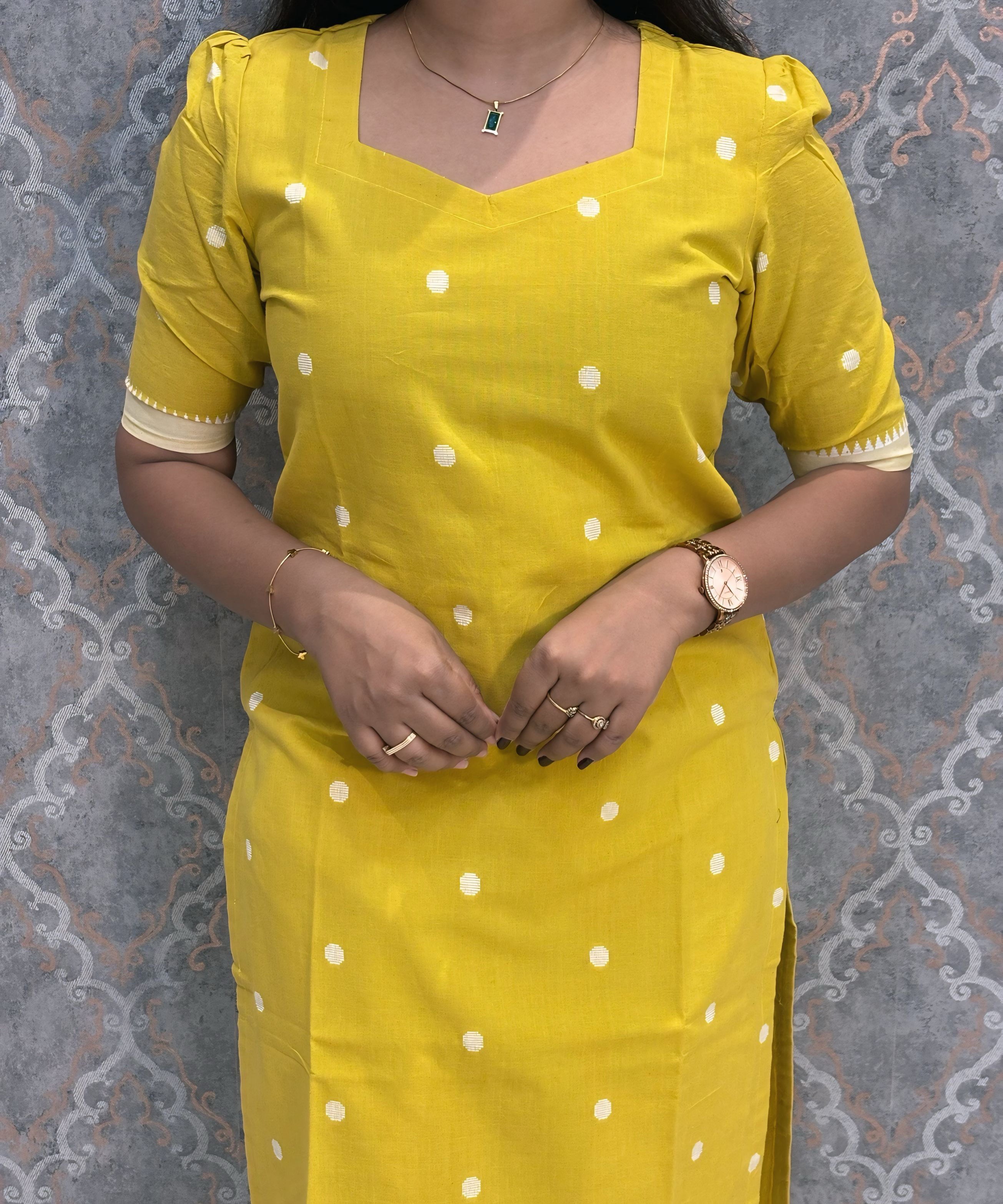 Lemon Yellow and Blue Premium Handloom Cotton 3 Piece Salwar Set with Pocket / HL014