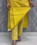 Lemon Yellow and Blue Premium Handloom Cotton 3 Piece Salwar Set with Pocket / HL014