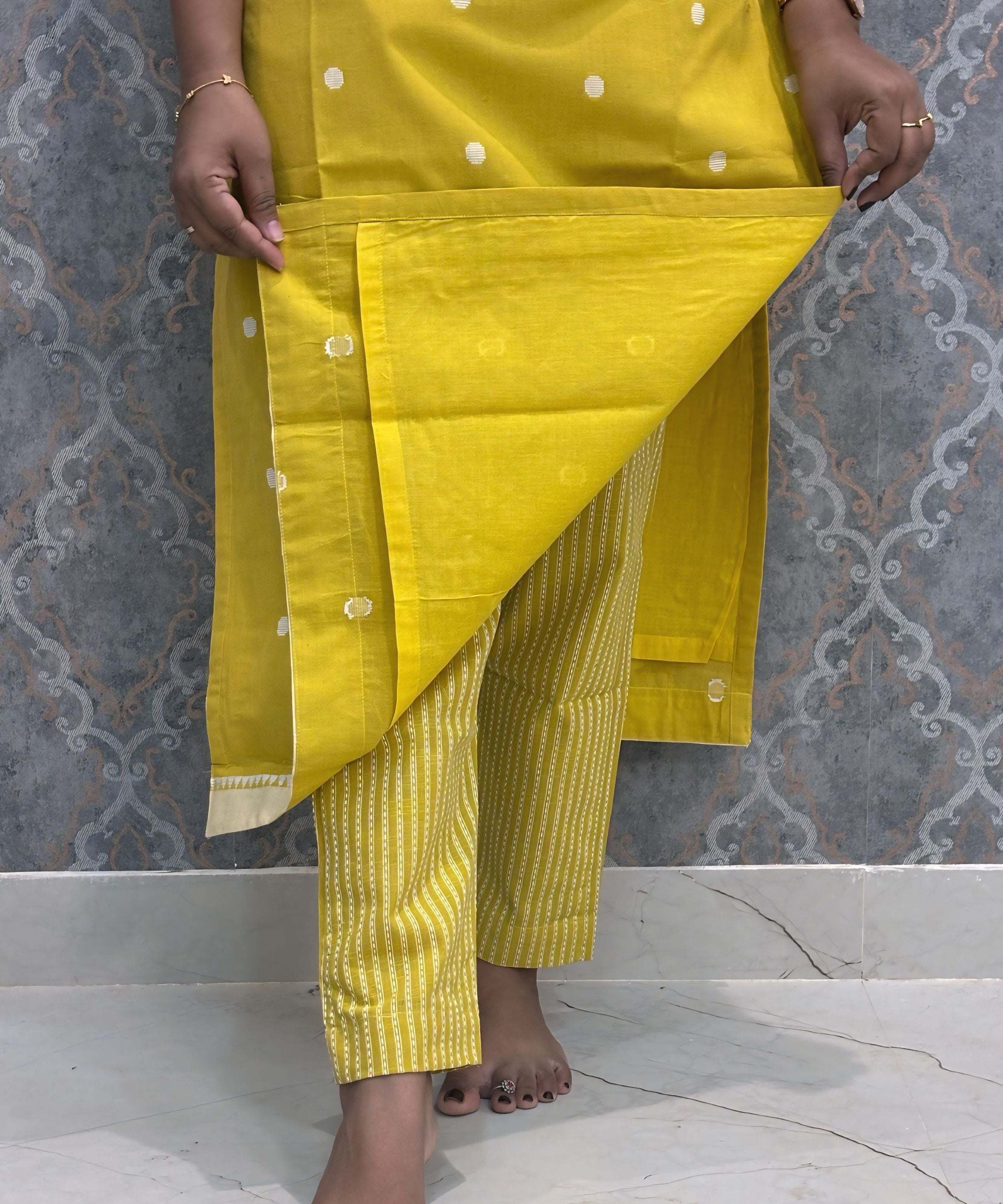Lemon Yellow and Blue Premium Handloom Cotton 3 Piece Salwar Set with Pocket / HL014