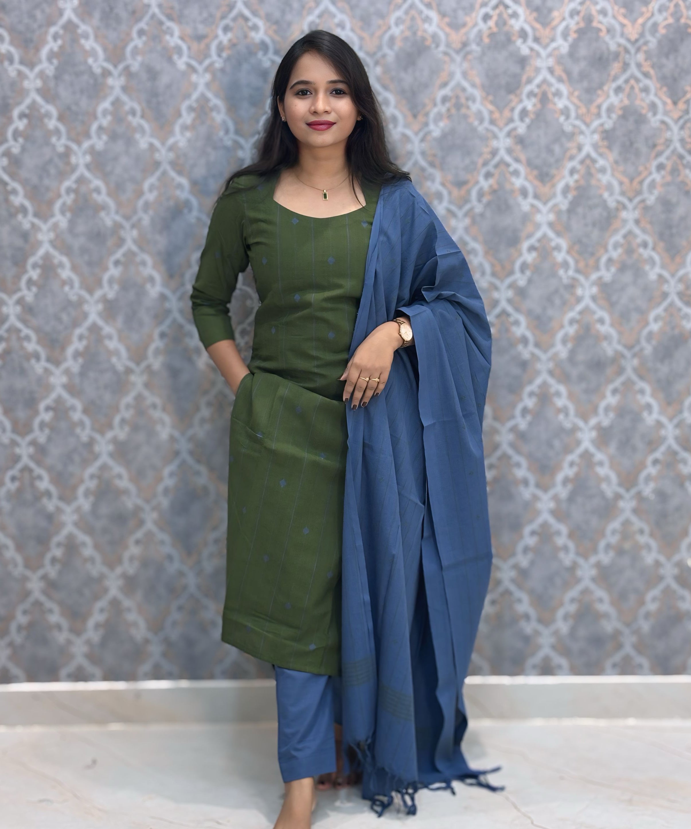 Green and Blue Premium Handloom Cotton 3 Piece Salwar Set with Pocket / HL013