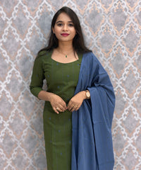 Green and Blue Premium Handloom Cotton 3 Piece Salwar Set with Pocket / HL013