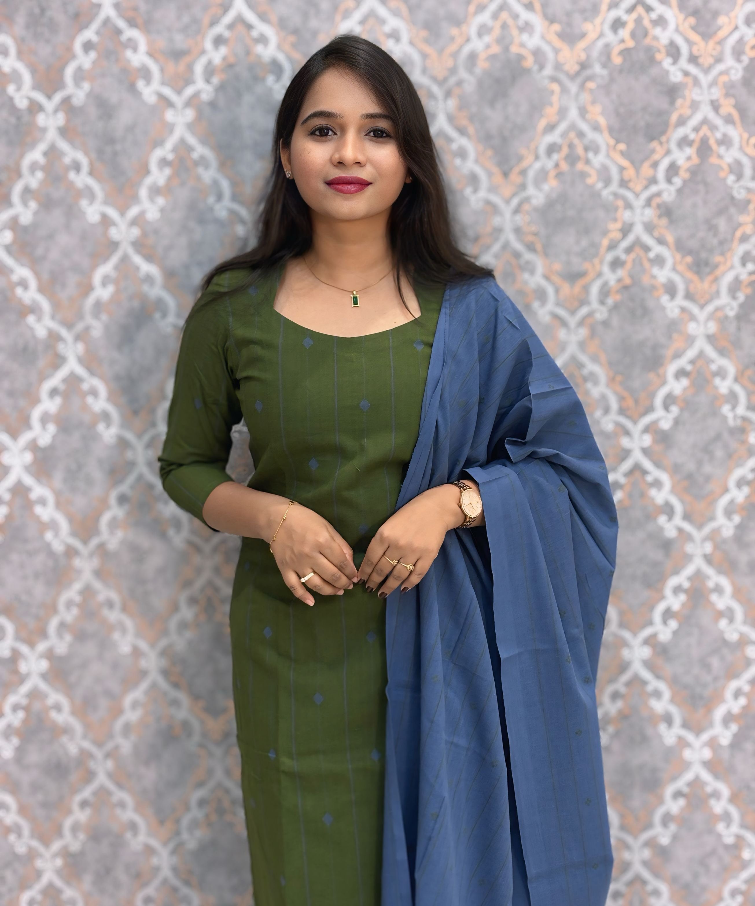 Green and Blue Premium Handloom Cotton 3 Piece Salwar Set with Pocket / HL013