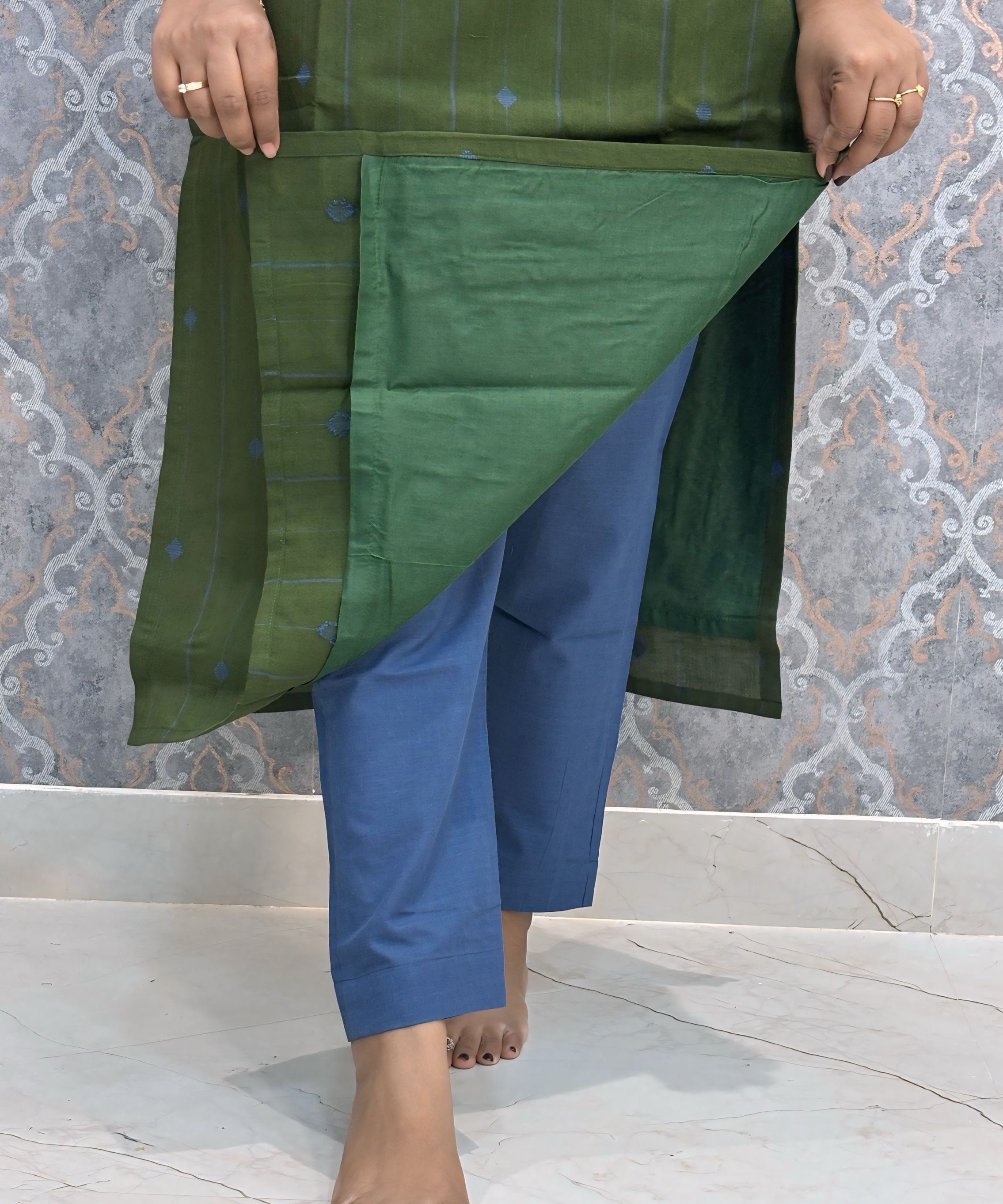 Green and Blue Premium Handloom Cotton 3 Piece Salwar Set with Pocket / HL013