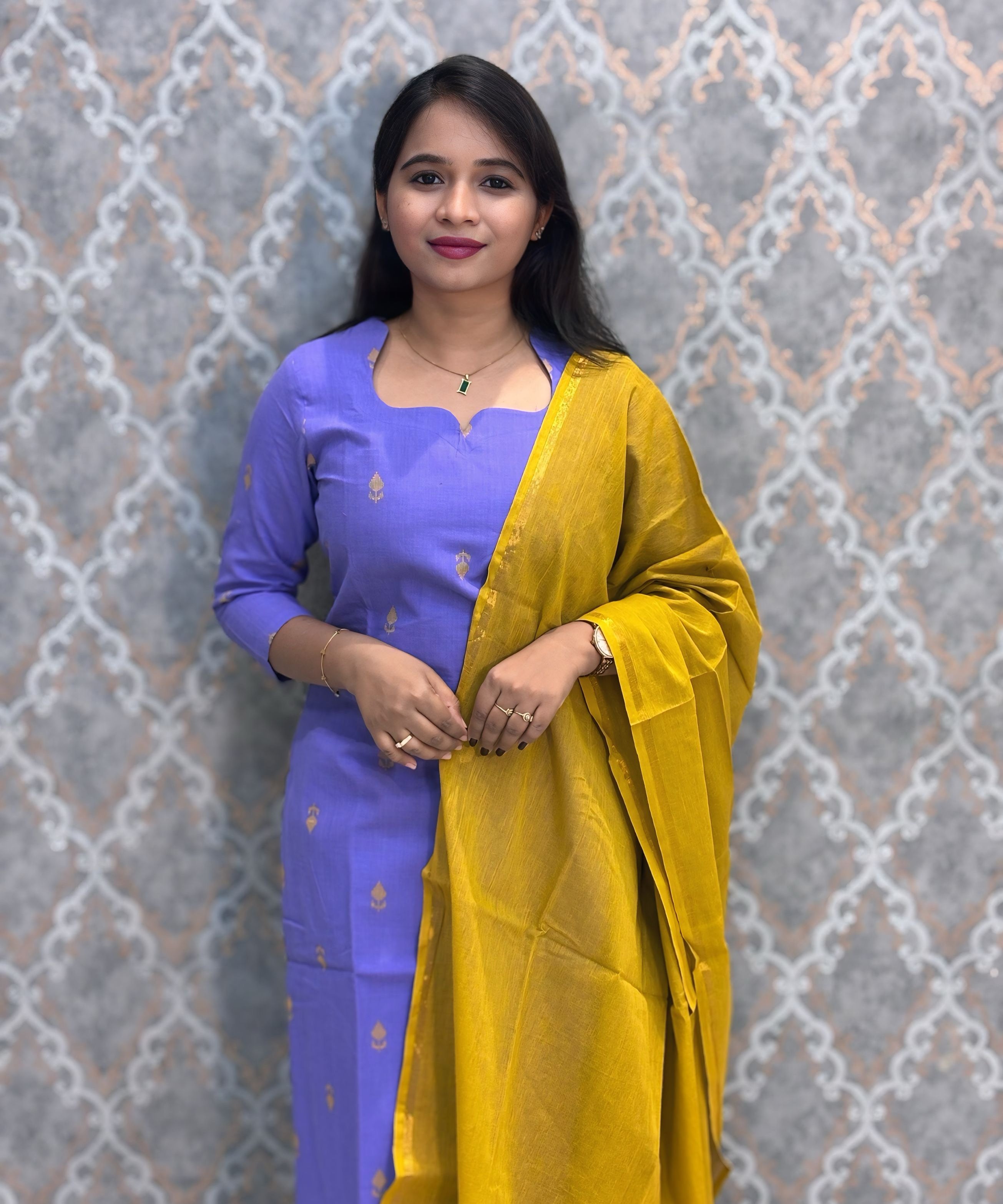 Lavender and Mustard yellow Premium Handloom Cotton 3 Piece Salwar Set with Pocket / HL017