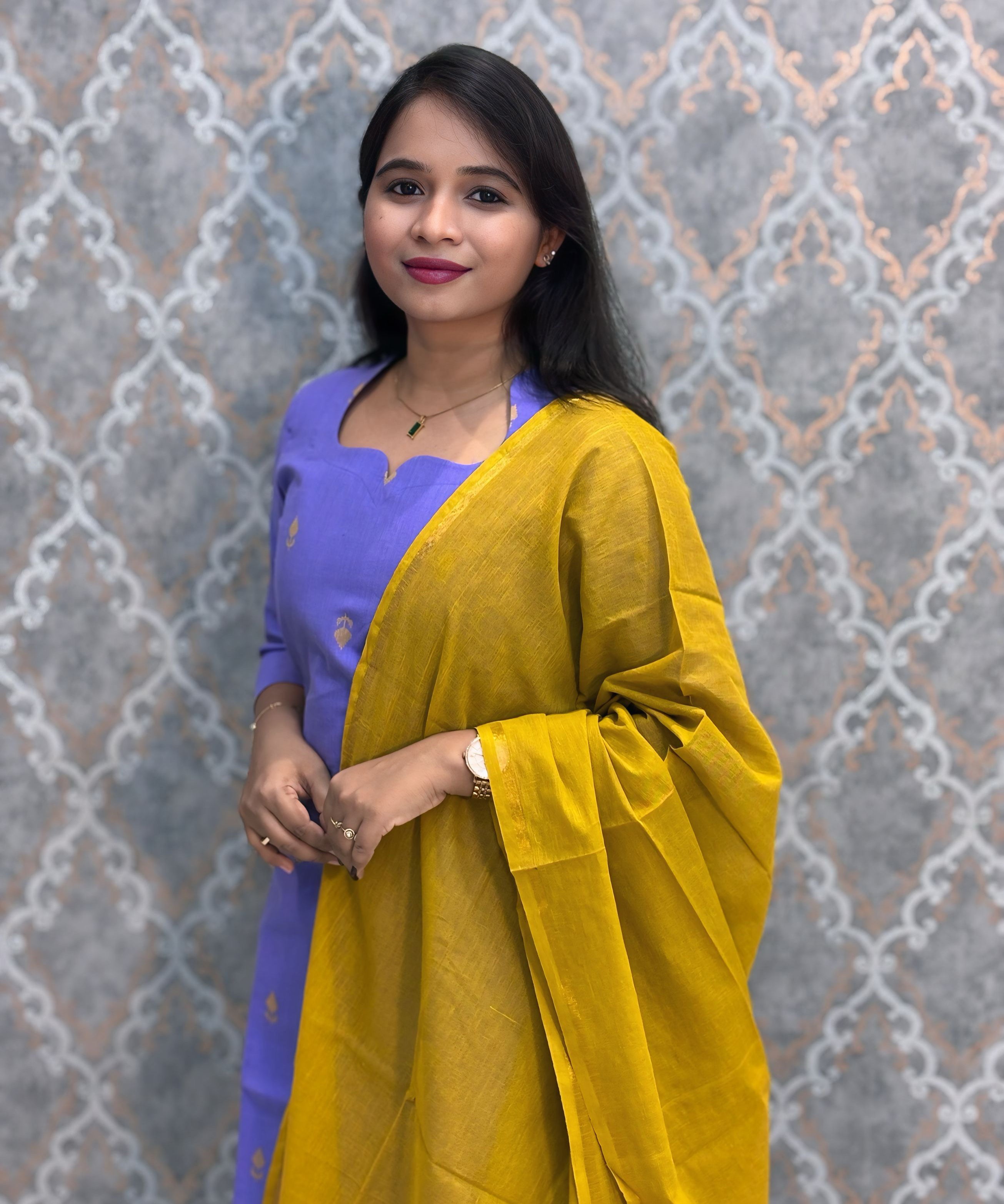 Lavender and Mustard yellow Premium Handloom Cotton 3 Piece Salwar Set with Pocket / HL017