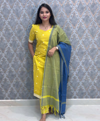 Lemon Yellow and Blue Premium Handloom Cotton 3 Piece Salwar Set with Pocket / HL014
