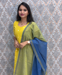 Lemon Yellow and Blue Premium Handloom Cotton 3 Piece Salwar Set with Pocket / HL014