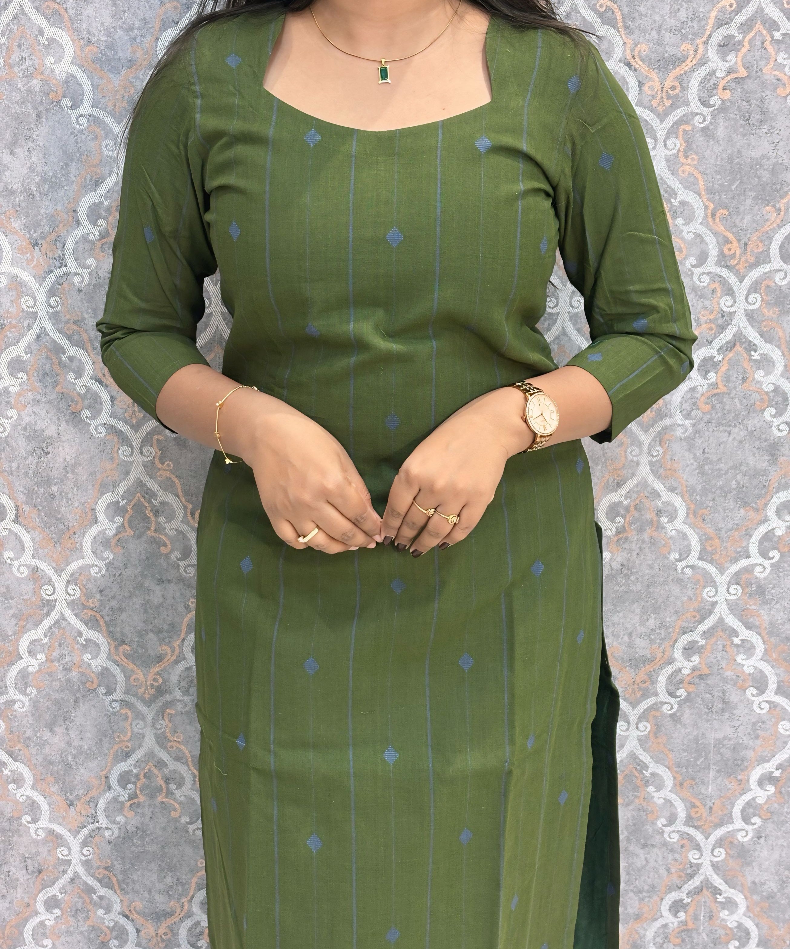 Green and Blue Premium Handloom Cotton 3 Piece Salwar Set with Pocket / HL013