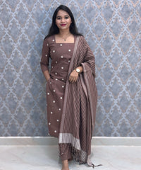 Brown Premium Handloom Cotton 3 Piece Salwar Set with Pocket / HL016