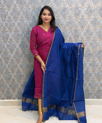 Pink and Blue Color Premium Handloom Cotton Kurti and Dupatta / ESS420