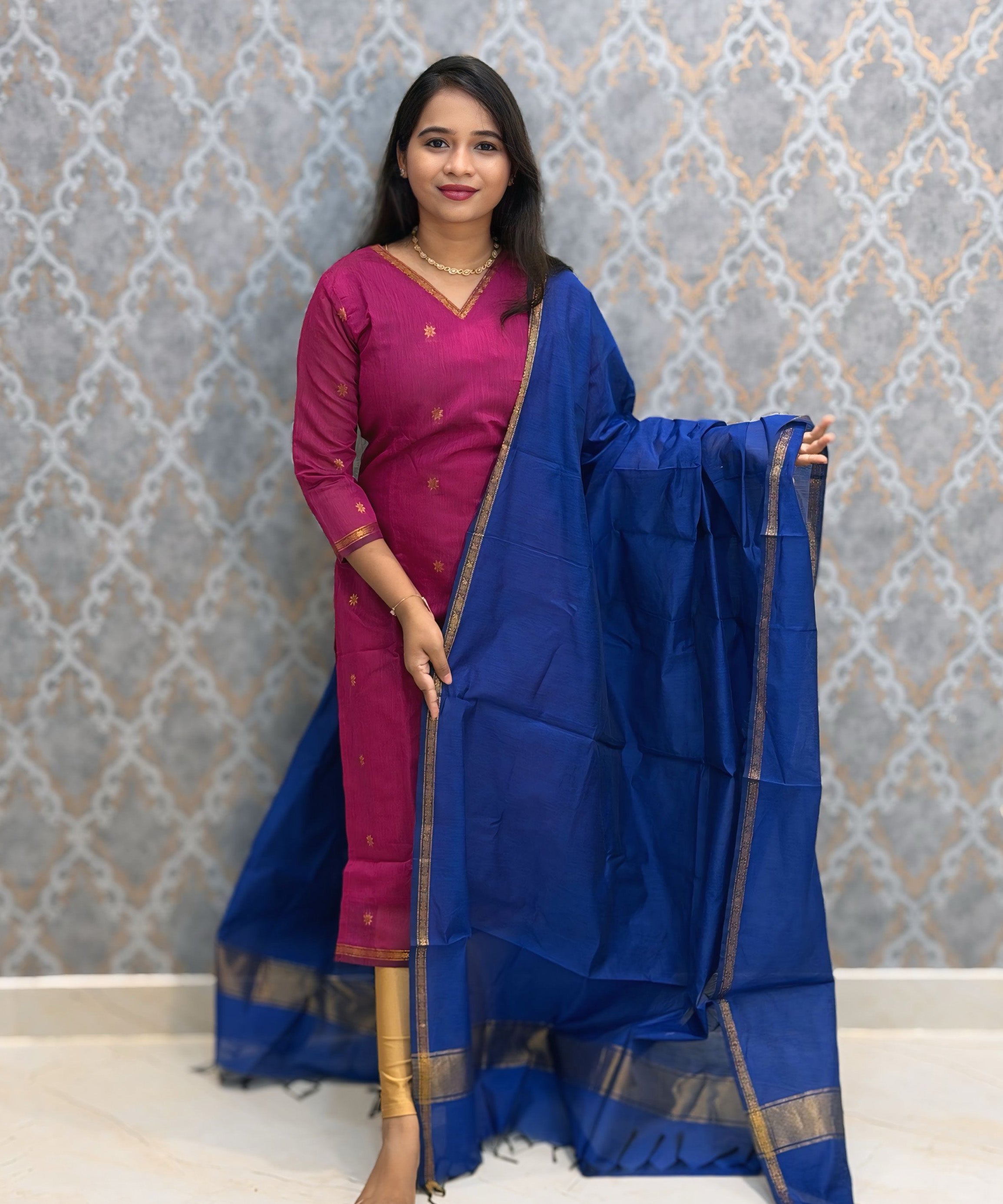 Pink and Blue Color Premium Handloom Cotton Kurti and Dupatta / ESS420