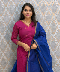Pink and Blue Color Premium Handloom Cotton Kurti and Dupatta / ESS420