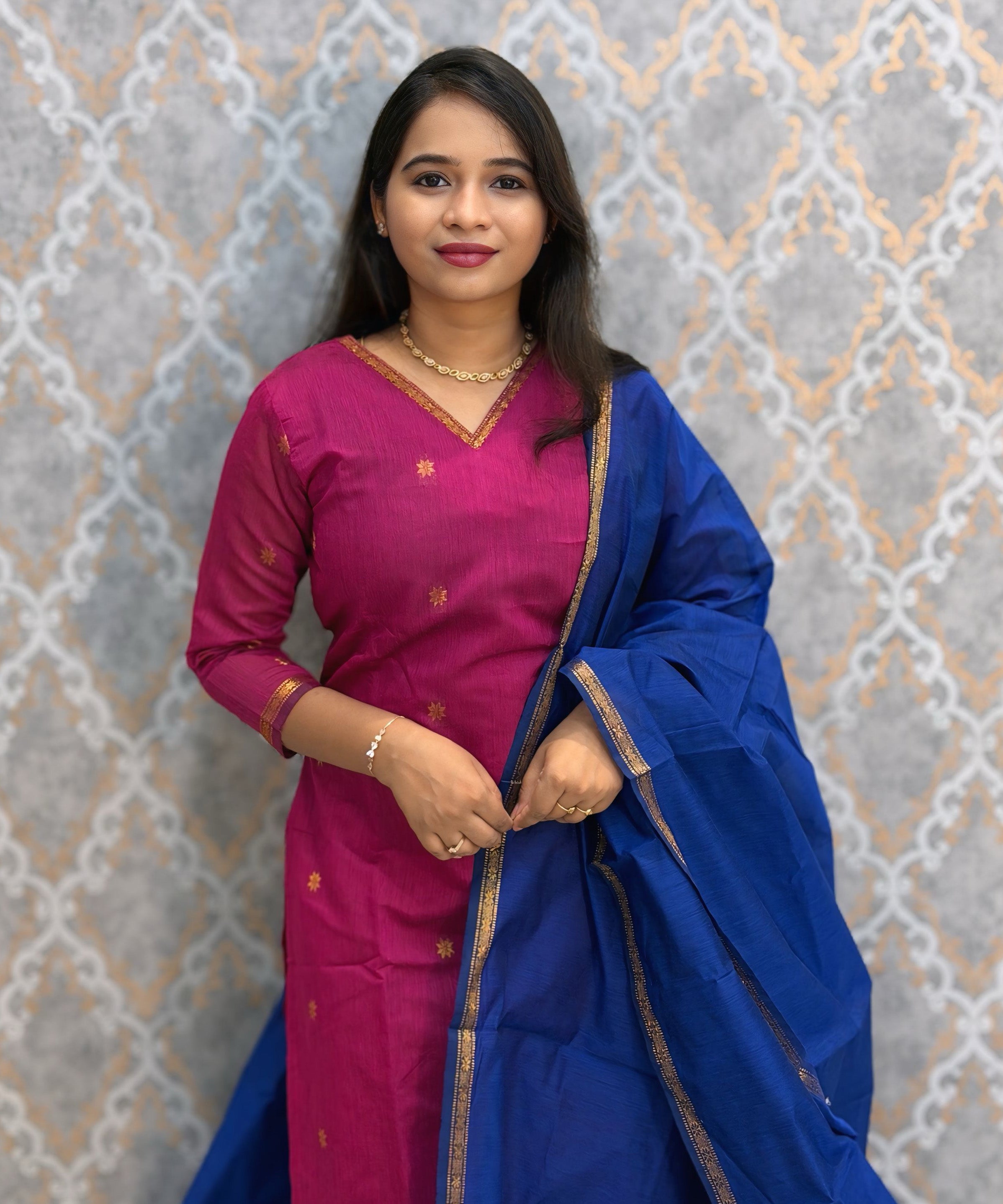Pink and Blue Color Premium Handloom Cotton Kurti and Dupatta / ESS420