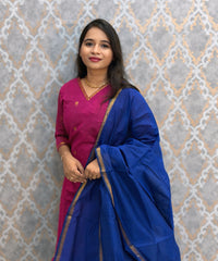 Pink and Blue Color Premium Handloom Cotton Kurti and Dupatta / ESS420