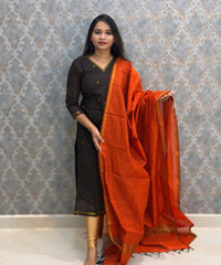 Brown and Orange Color Premium Handloom Cotton Kurti and Dupatta / ESS420