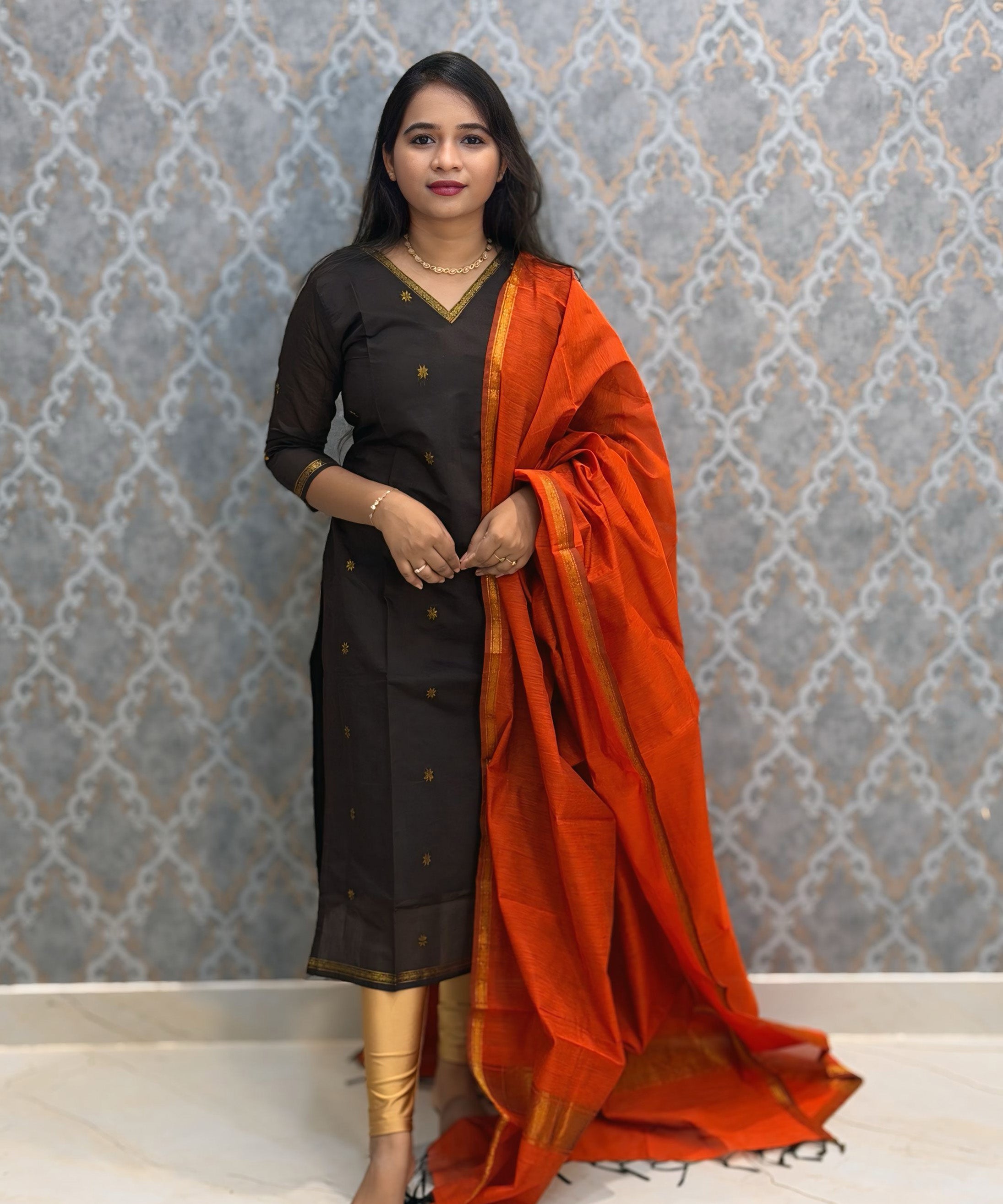 Brown and Orange Color Premium Handloom Cotton Kurti and Dupatta / ESS420