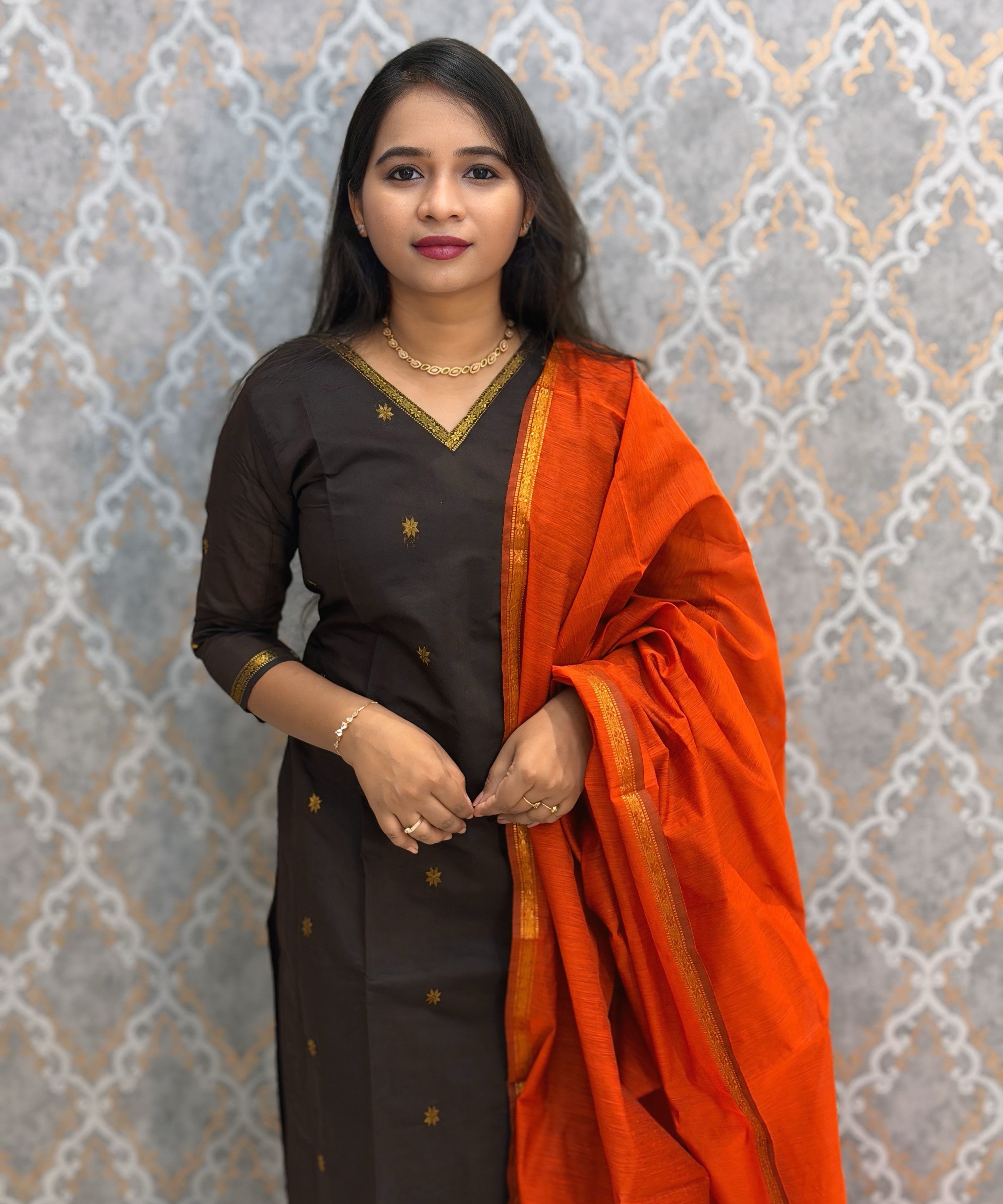 Brown and Orange Color Premium Handloom Cotton Kurti and Dupatta / ESS420